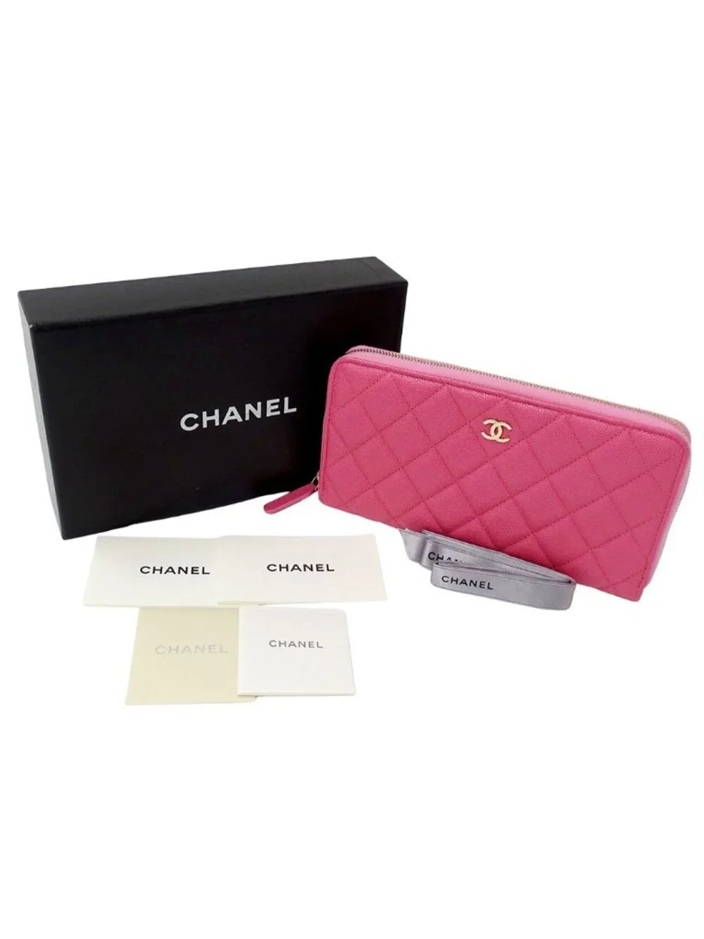 Chanel Wallet Quilted Chief Caviar Leather Pink Gold Zip Around